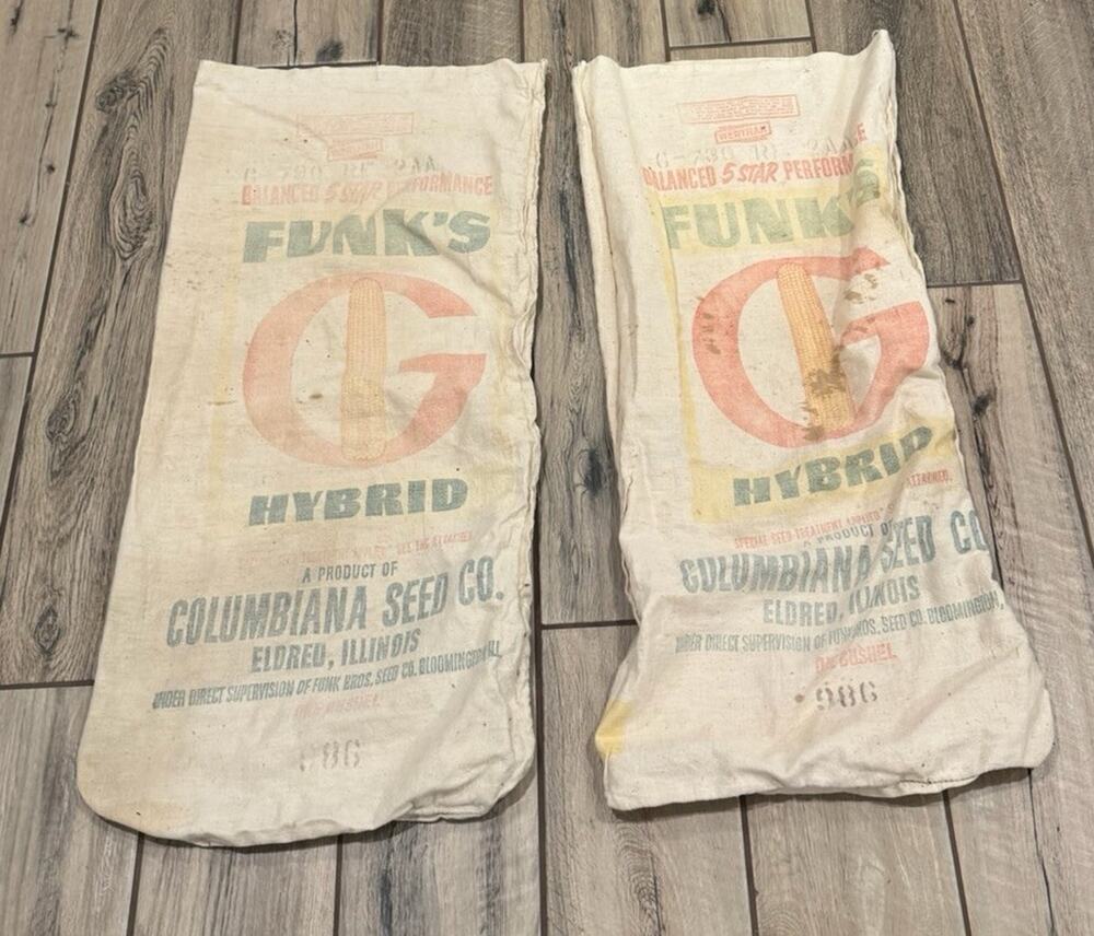 2 Vintage FUNK'S G HYBRID Seed Corn Sack Cloth Bag Eldred, IL Columbia Seed Co.
